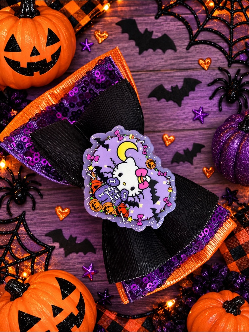Hello Kitty Halloween Black, Purple & Orange Bow Hair Clip